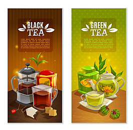 茶壶与茶叶垂直横幅矢量素材下载
