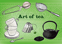 矢量手绘彩铅茶饮茶具