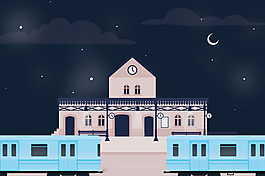 手绘火车站的夜景背景