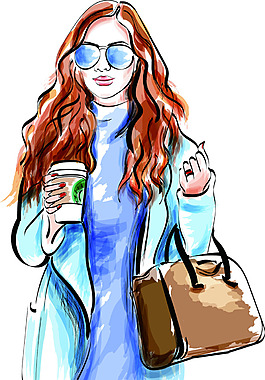 蓝色美女精致手绘插画人物矢量素材