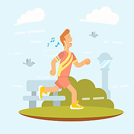 男孩在公园跑步蓝天背景