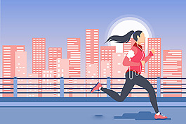 女孩跑步穿过现代城市背景
