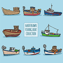 手绘风格各种渔船插图