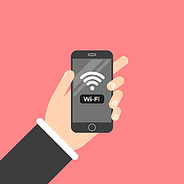 手持手机连接WiFi红色背景
