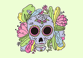 手绘花卉骷颅头插画