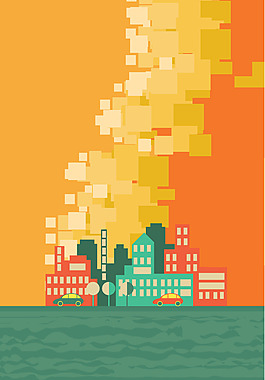 手绘蓝色海水建筑背景