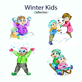 玩雪球卡通人物插画风格矢量源文件