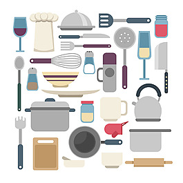 手绘各种厨具餐具平面设计素材