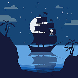 手绘海盗船夜晚背景