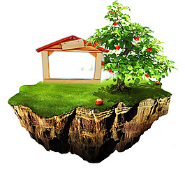 悬空岛树草小木屋素材