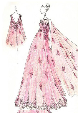 粉色花朵花边礼服设计图