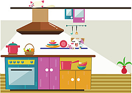 彩色厨房平面矢量图