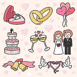 手绘各种婚礼元素装饰插图