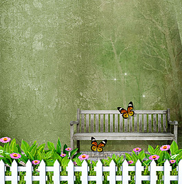 花朵绿叶栅栏长椅子蝴蝶高光素材