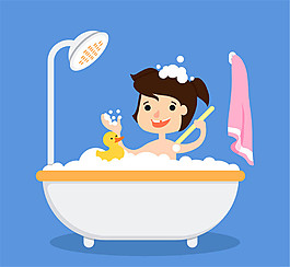 卡通洗浴的儿童和小黄鸭矢量素材