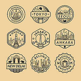 复古风格城市主题邮票图标