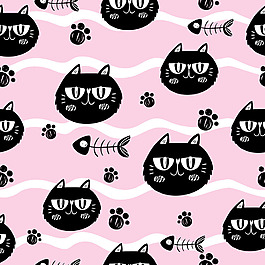 猫鱼骨装饰图案粉色背景