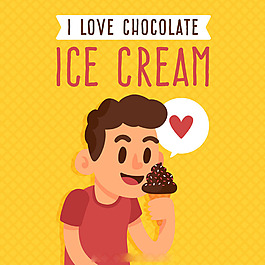 男孩吃巧克力冰淇淋橙色背景