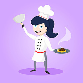 快乐厨师与鸡肉盘紫色背景