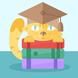 戴毕业帽的猫与书籍背景