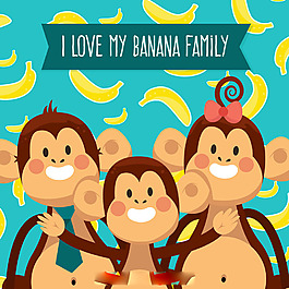 幸福猴子家庭香蕉图案蓝色背景
