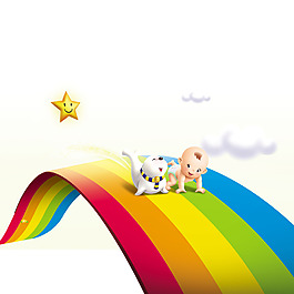 小孩海狮彩虹白云星星素材