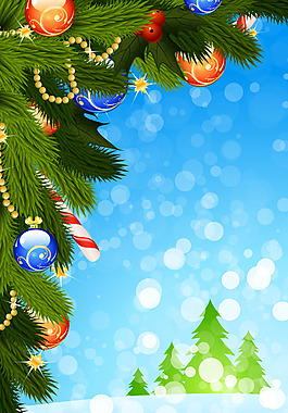 圣诞树枝圆球蓝底背景