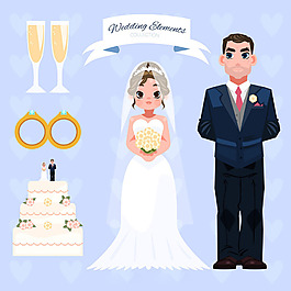 新婚夫妇各种婚礼装饰品矢量素材