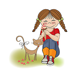 可爱的女孩吃冰淇淋和小猫插图背景