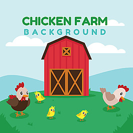 母鸡和小鸡插图绿色农场背景