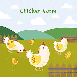母鸡和小鸡绿色农场背景