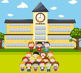 儿童人物学校建筑插图背景