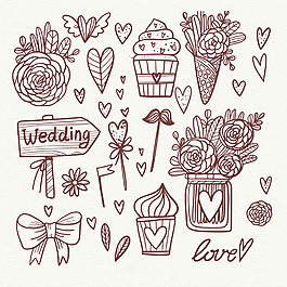 美丽的手绘线描风格婚礼元素插图