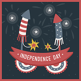 手绘蓝灰色红色烟花插图美国独立日背景