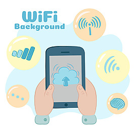 手绘风格无线wif标志与手机背景