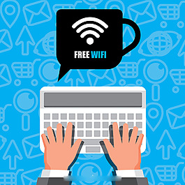 免费无线上网wifi咖啡杯键盘手蓝色背景