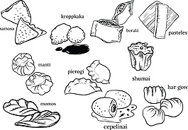 手绘线性亚洲菜饺子素材