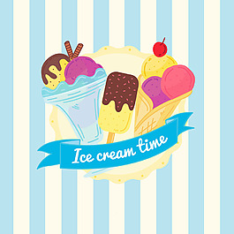 手绘冰淇淋雪糕插图蓝色条纹背景