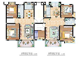 彩色手绘家装户型平面图