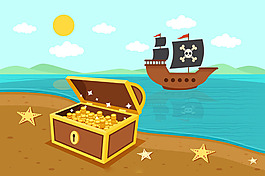 海盗宝船宝物箱沙滩背景