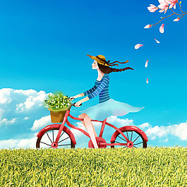 自行车花束花朵花瓣蓝天白云麦草