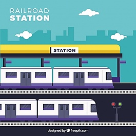 带有紫色细节的平面火车站