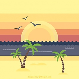 日落时棕榈树的海滩景观背景