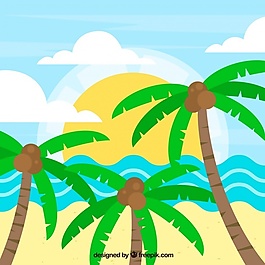 平坦设计的棕榈树海滩景观背景