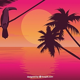 在日出的棕榈树和巨嘴鸟