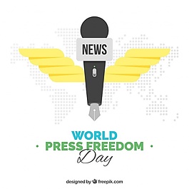 世界新闻自由日背景与麦克风形状的笔