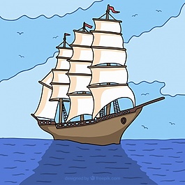 海上手绘船的背景