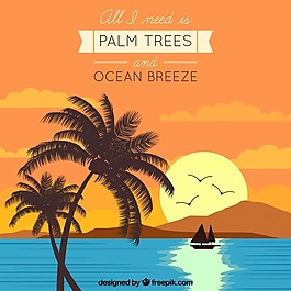 日落时的海滩背景与船和棕榈树