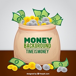 梦幻般的背景，口袋里装满了硬币和钞票