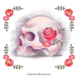 花卉背景与头骨画水彩